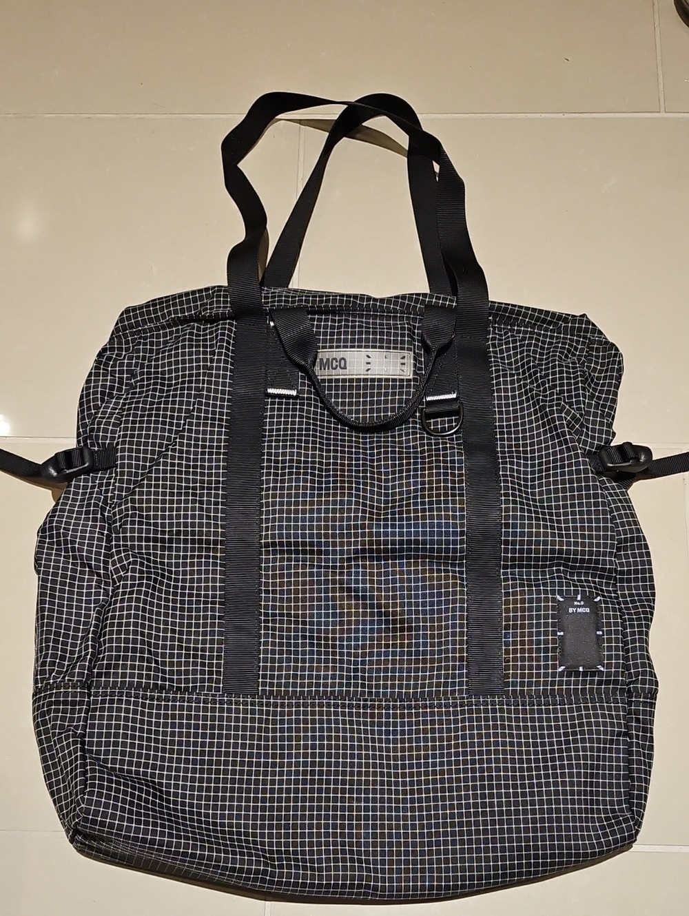 McQ by Alexander McQueen Black and White Grid Duffel Bag